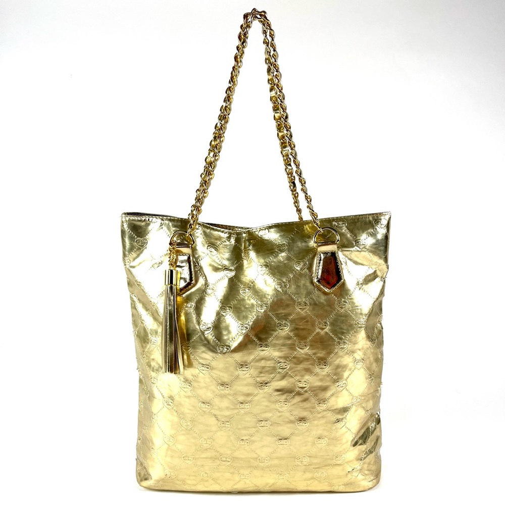 Bebe 2B Gold Metallic Monogram Chain Tote Bag